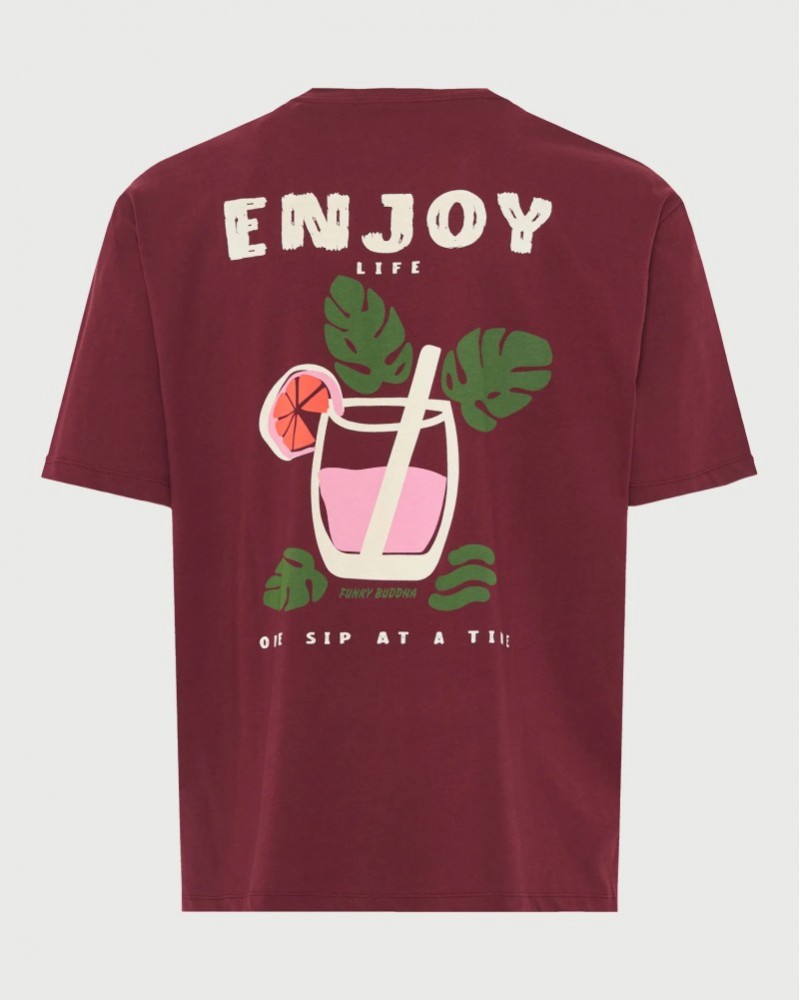FUNKYBUDDHA T-SHIRT ME ΤΥΠΩΜΑ ΣΤΗΝ ΠΛΑΤΗ - BURGUNDY
