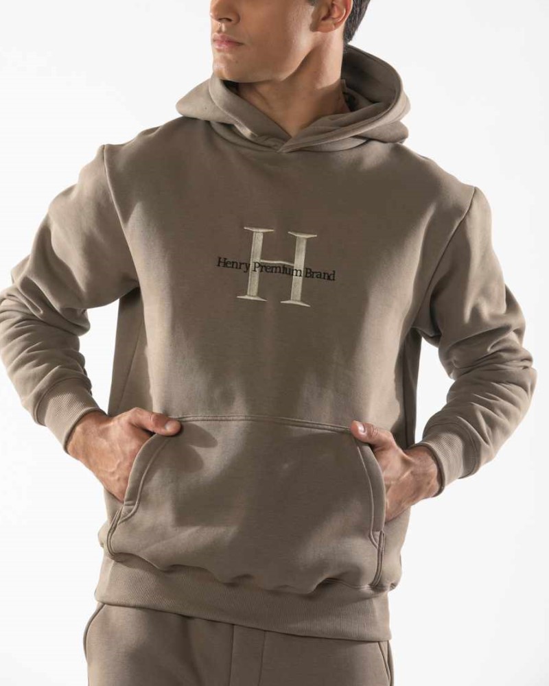 HENRY CLOTHING HOODIE WITH EMBROIDERED LOGO - BROWN