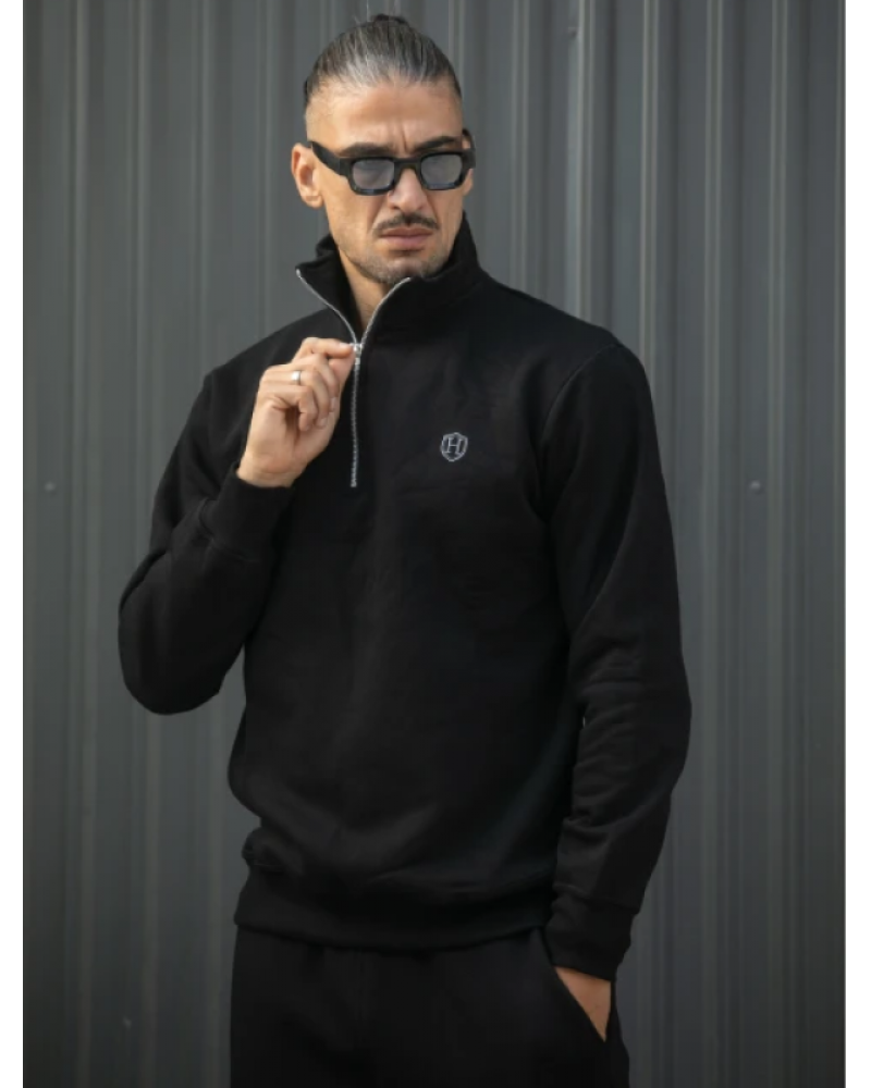 HENRY CLOTHING HALF ZIP HOODIE - BLACK