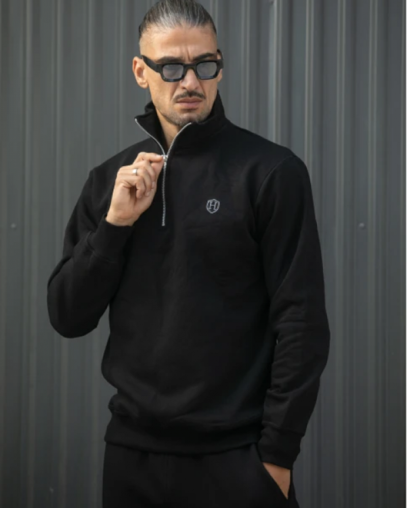 HENRY CLOTHING HALF ZIP HOODIE - BLACK
