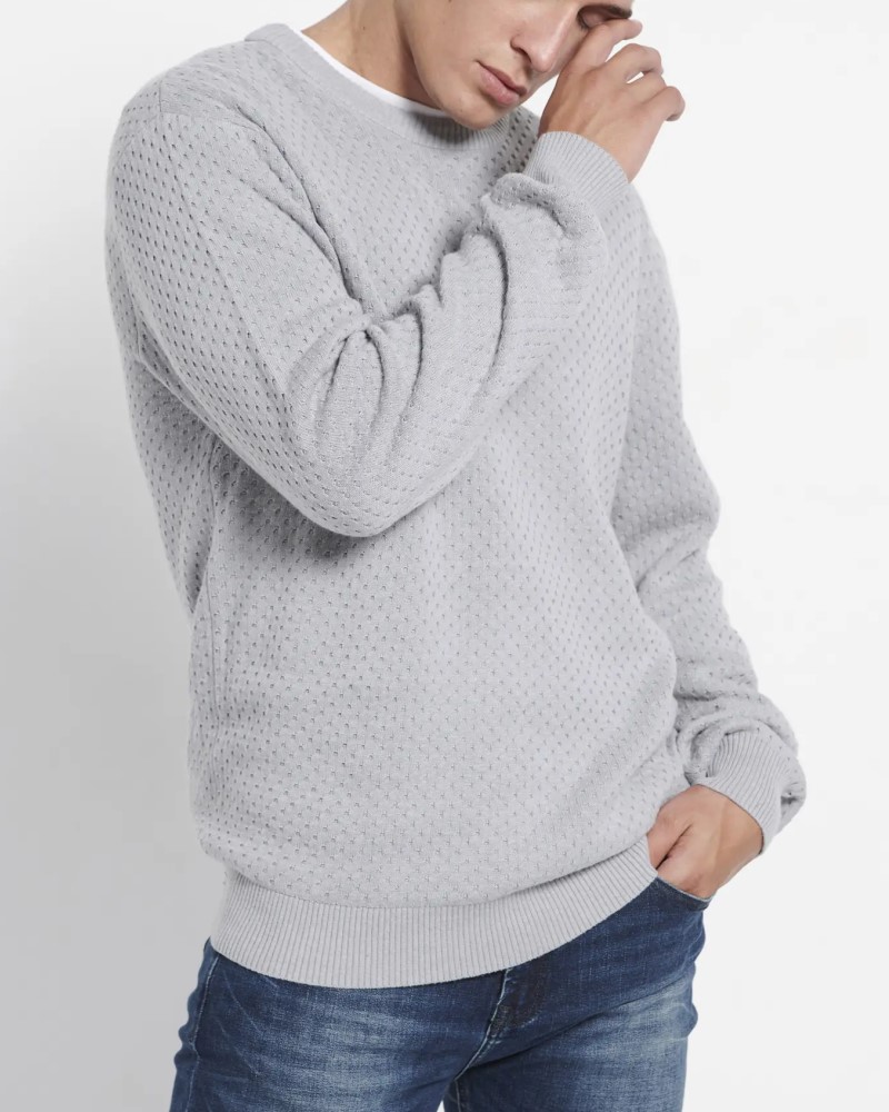 FUNKYBUDDHA CREW NECK SWEATER WITH 3D KNIT PATTEN- LT GREY