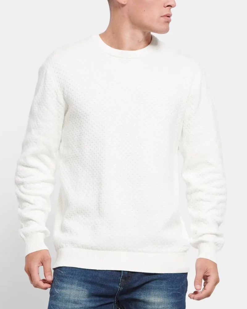 FUNKYBUDDHA CREW NECK SWEATER WITH 3D KNIT PATTEN- WHITE