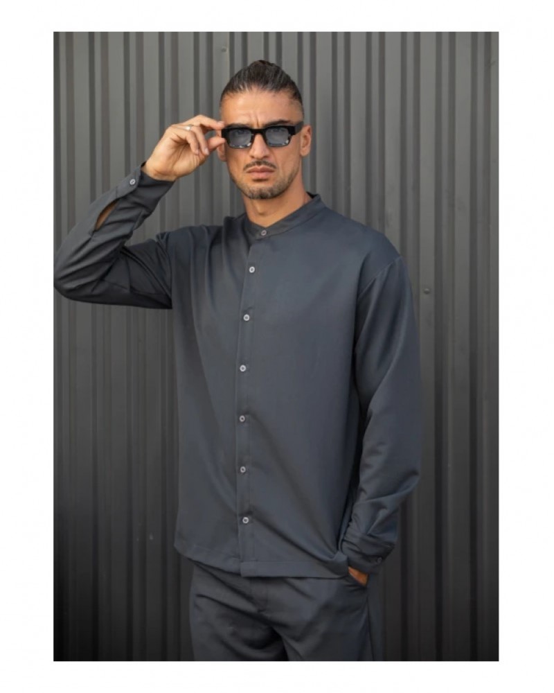 HENRY CLOTHING ΑΝΔΡΙΚΟ ΠΟΥΚΑΜΙΣΟ ΜΕ ΜΑΟ ΓΙΑΚΑ - DARK GREY