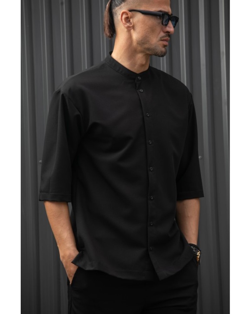 HENRY CLOTHING ΚΟΝΤΟΜΑΝΙΚΟ ΠΟΥΚΑΜΙΣΟ ΜΕ ΜΑΟ ΓΙΑΚΑ - BLACK