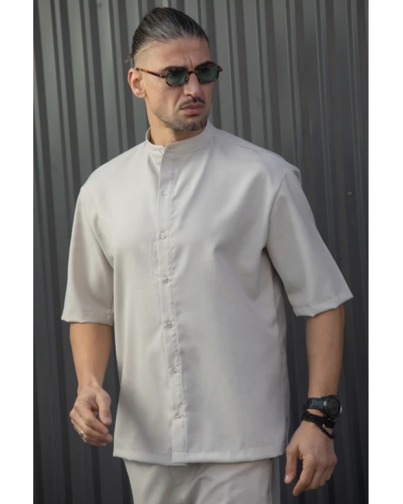 HENRY CLOTHING ΚΟΝΤΟΜΑΝΙΚΟ ΠΟΥΚΑΜΙΣΟ ΜΕ ΜΑΟ ΓΙΑΚΑ - BEIGE
