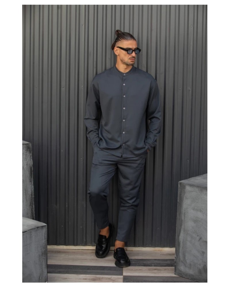 HENRY CLOTHING ΑΝΔΡΙΚΟ ΠΟΥΚΑΜΙΣΟ ΜΕ ΜΑΟ ΓΙΑΚΑ - DARK GREY